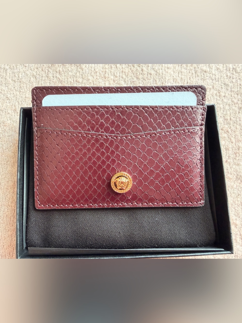 Authentic Versace Garnet Calf Leather Ayer Print Card Holder Full Inclusion